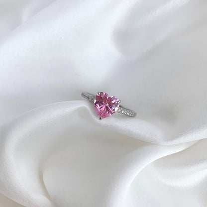 Women's Pink Heart Shape Zirconia Center Stone Four Prong Paved Ring, S925 with White Gold Plating