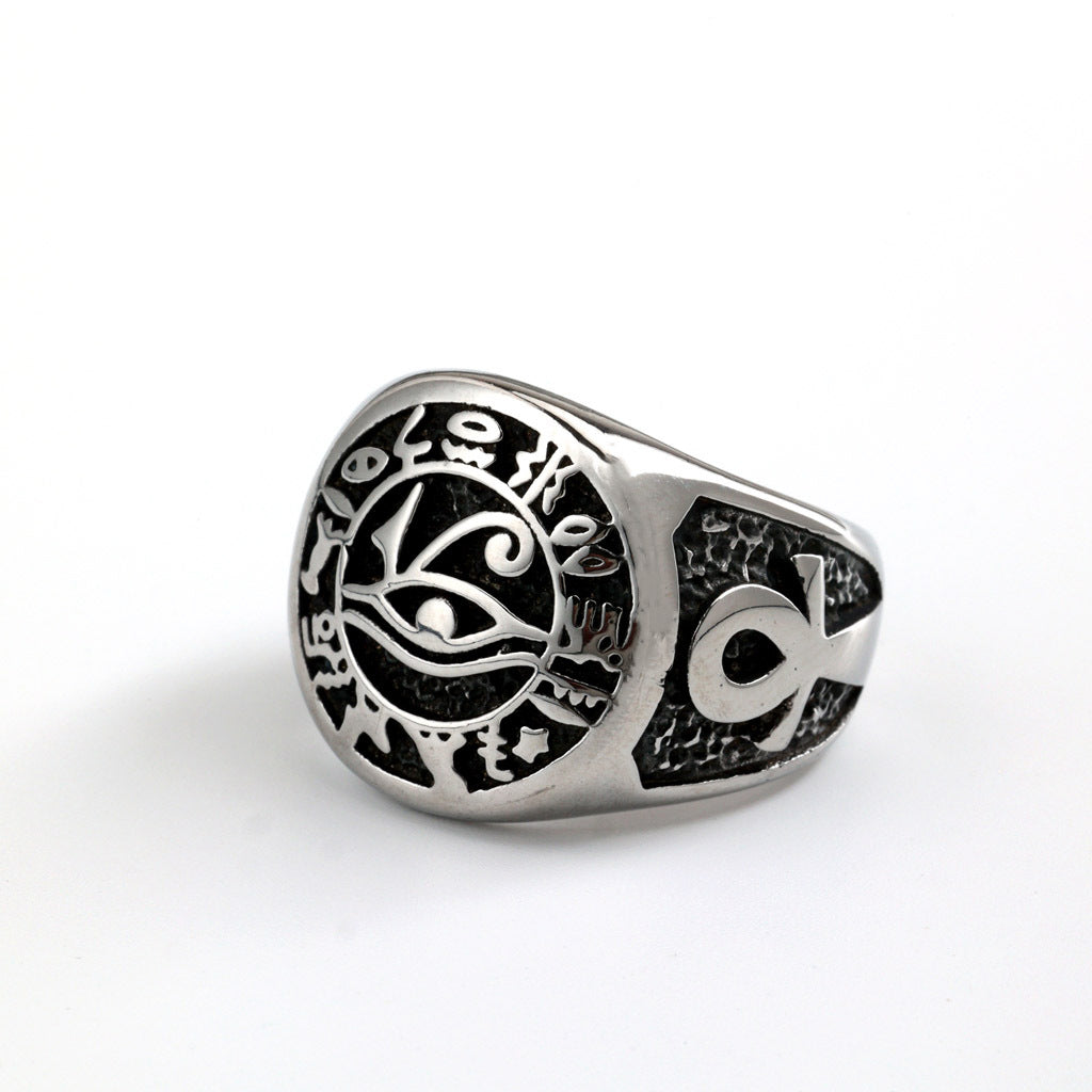 Vintage Solid Stainless Steel Ancient Egyptian Eye of Horus Cross Round Ring for Men