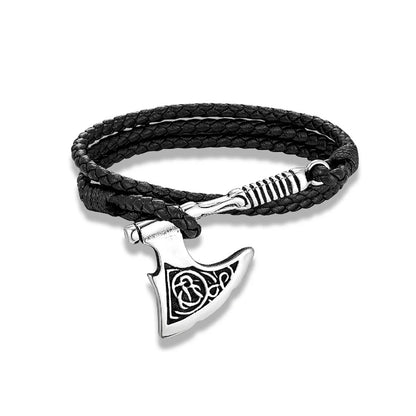 Nordic Viking Warrior Axe Stainless Steel Bracelet for Men, Handmade Double Strand Braided Leather Retro Wrist Accessory