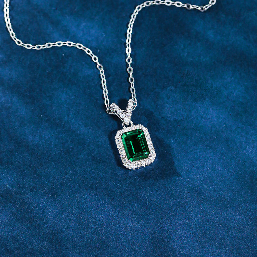 Women's Sterling Silver Rectangle Halo Emerald Pendant