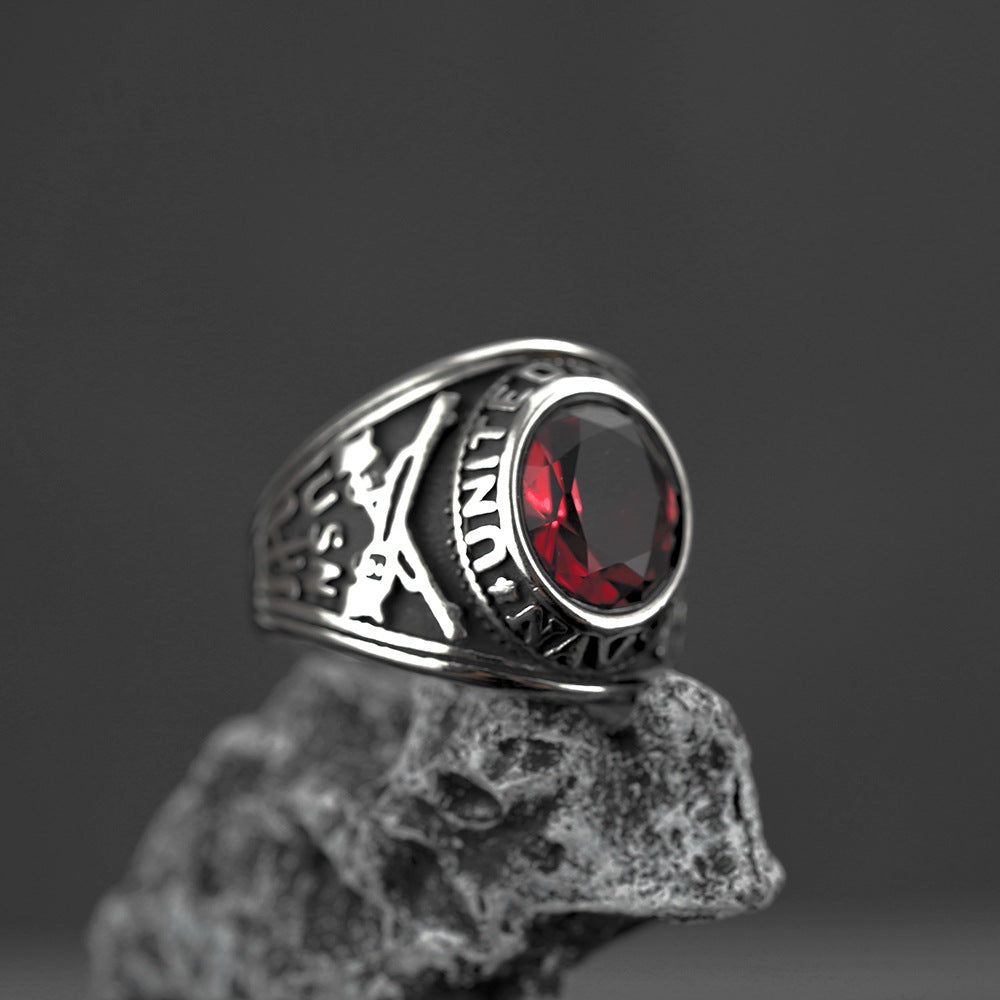 Vintage Solid Stainless Steel Hip Hop Dual Pistol Inlaid Red Cubic Zirconia Band Ring for Men