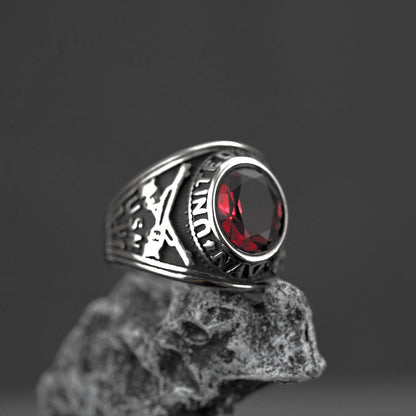 Vintage Solid Stainless Steel Hip Hop Dual Pistol Inlaid Red Cubic Zirconia Band Ring for Men