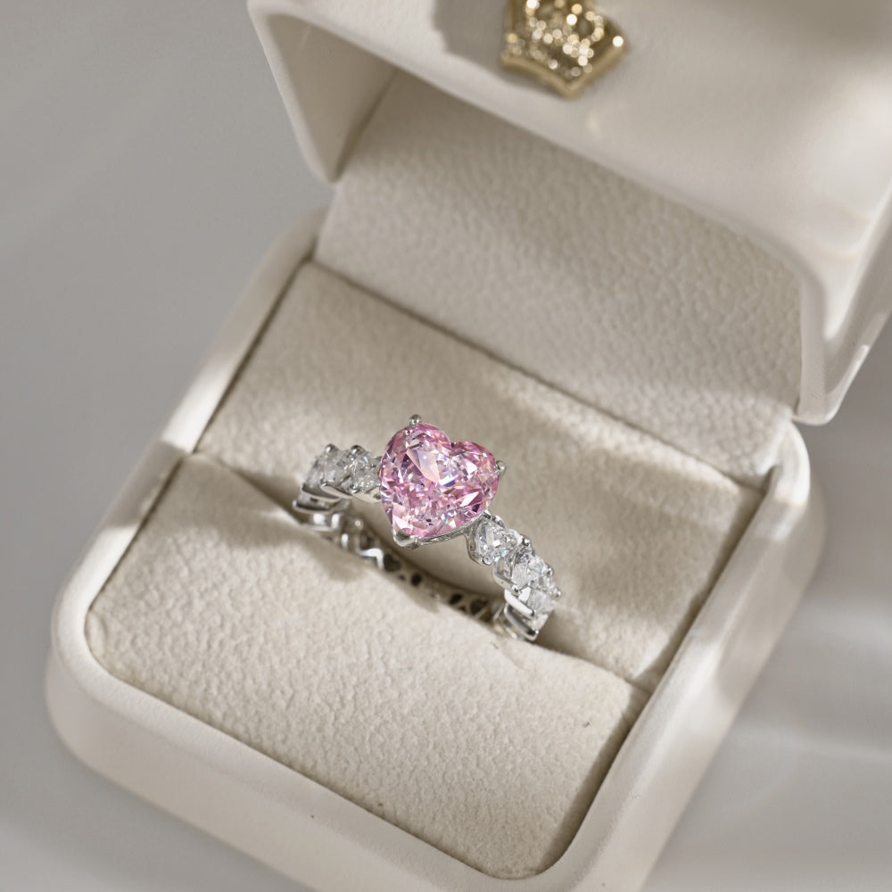 Women's Pink Heart Ice Flower Cut Zirconia Center Stone Inlaid Clear Heart Zirconia Paved Wedding Ring, S925 with White Gold Plating