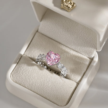 Women's Pink Heart Ice Flower Cut Zirconia Center Stone Inlaid Clear Heart Zirconia Paved Wedding Ring, S925 with White Gold Plating
