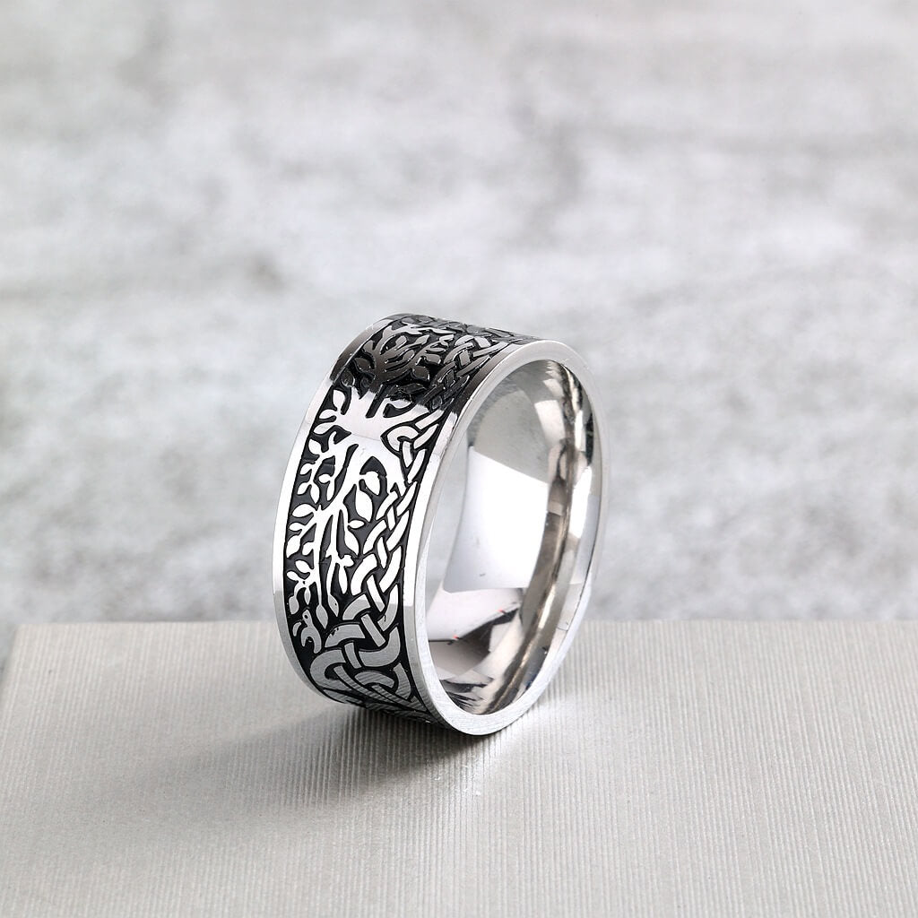 Vintage Solid Stainless Steel Celtic Knot Tree of Life Wide Band Ring for Men