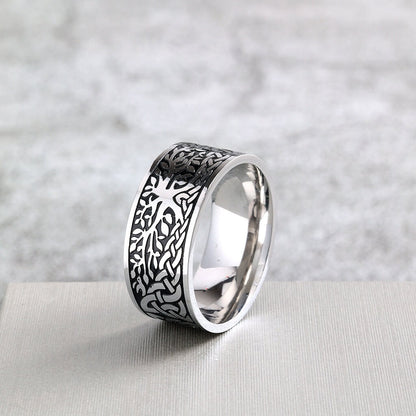 Vintage Solid Stainless Steel Celtic Knot Tree of Life Wide Band Ring for Men