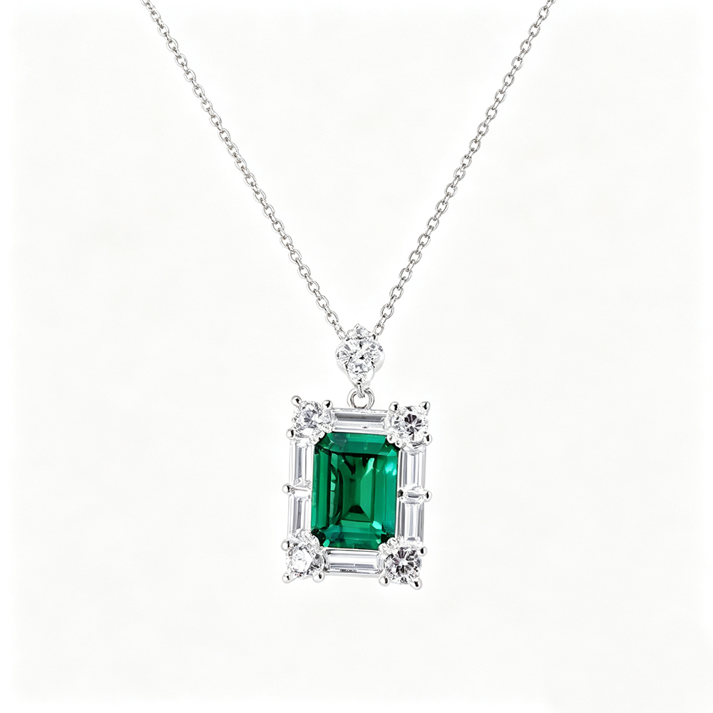 Women's Rectangular Emerald Pendant Necklace, S925 with White Gold Plating