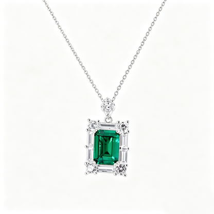 Women's Rectangular Emerald Pendant Necklace, S925 with White Gold Plating