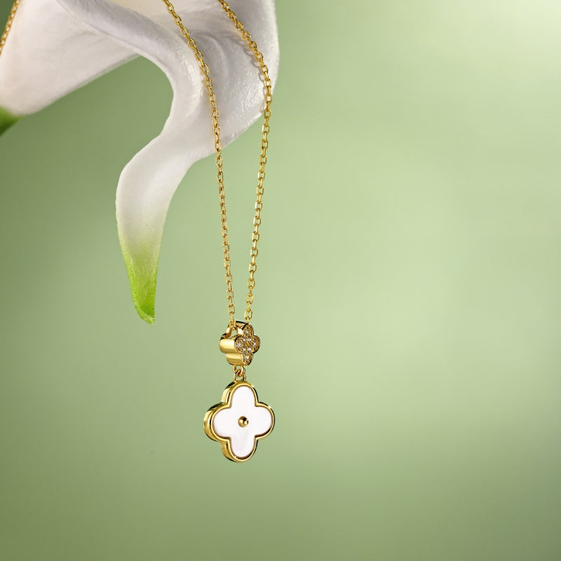S925 Sterling Silver Four-Leaf Clover Necklace, White Round Zirconia & White Mother of Pearl Inlaid Niche Minimalist Jewelry