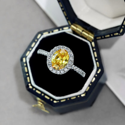 Women's S925 Silver White Gold Tone Ring, Yellow Oval Zircon Inlaid Fashion Ladies Ring