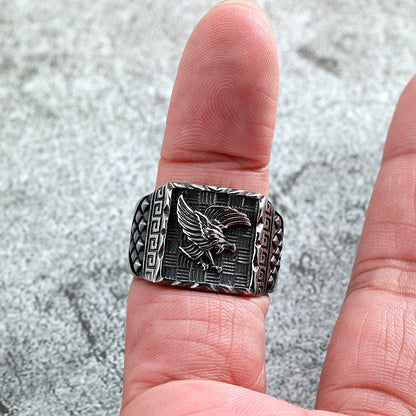 Vintage Solid Stainless Steel Eagle Embossed Square Signet Ring for Men