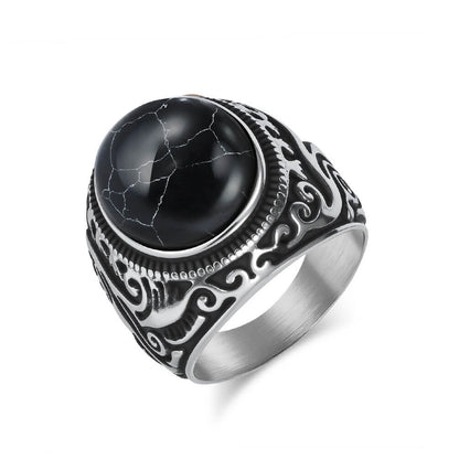 Men's Vintage Carved And Inlaid Tiger's Eye Stone Black And White Turquoise Titanium Steel Ring
