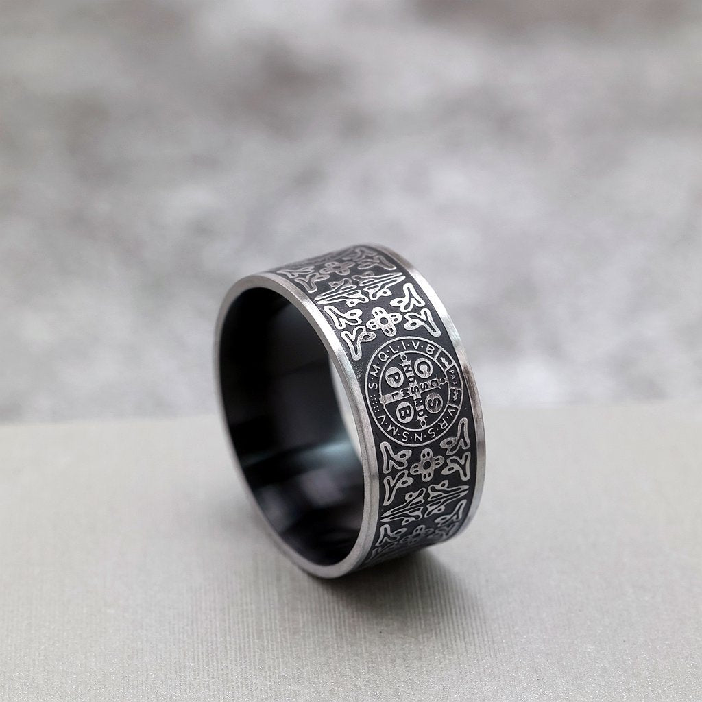 Vintage Stainless Steel Saint Benedict Pattern Exorcist Cross Ring for Men
