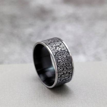 Vintage Stainless Steel Saint Benedict Pattern Exorcist Cross Ring for Men