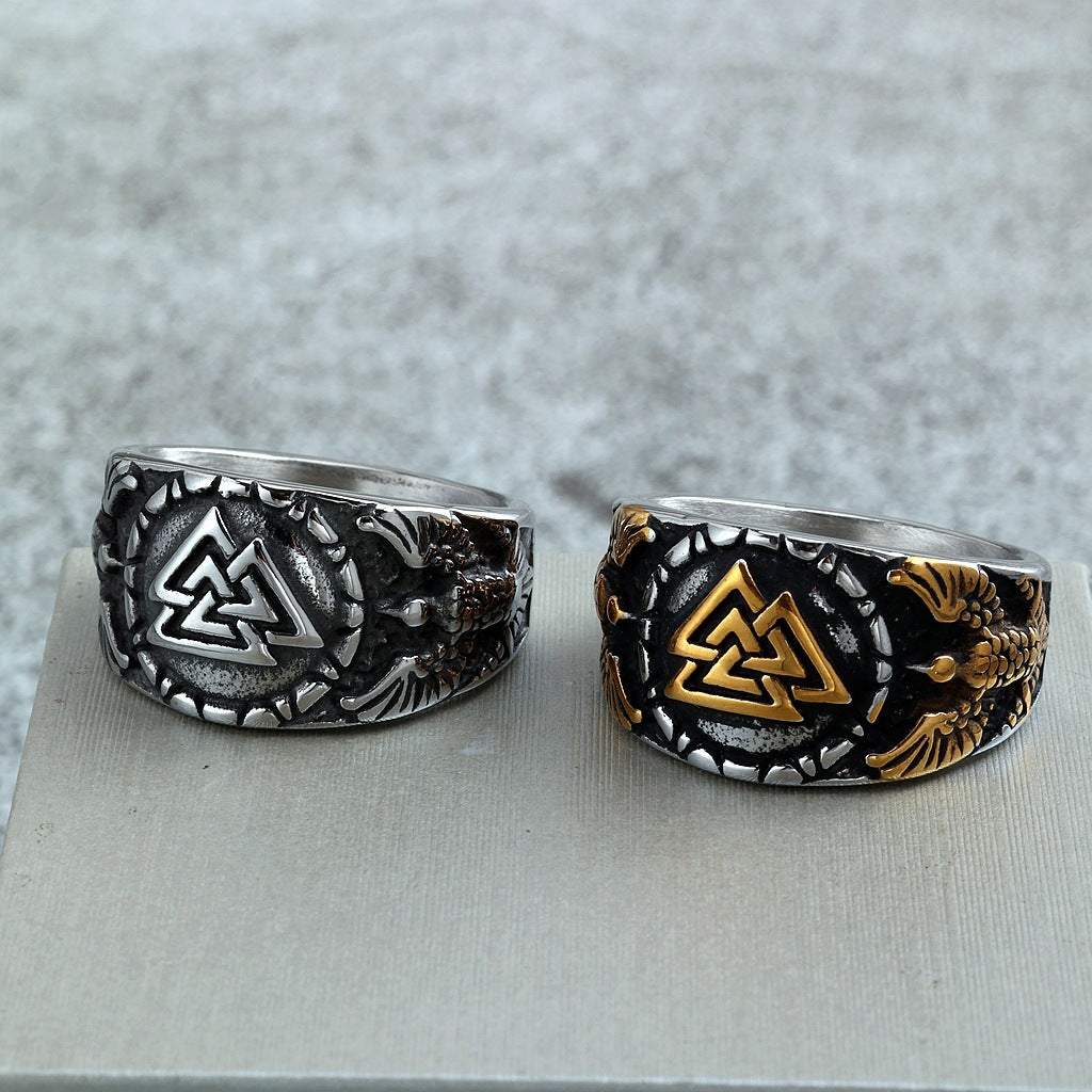 Vintage Solid Stainless Steel Norse Viking Valknut Raven Wide Signet Ring for Men