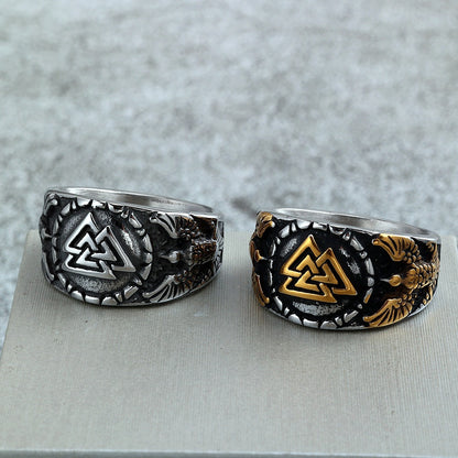 Vintage Solid Stainless Steel Norse Viking Valknut Raven Wide Signet Ring for Men