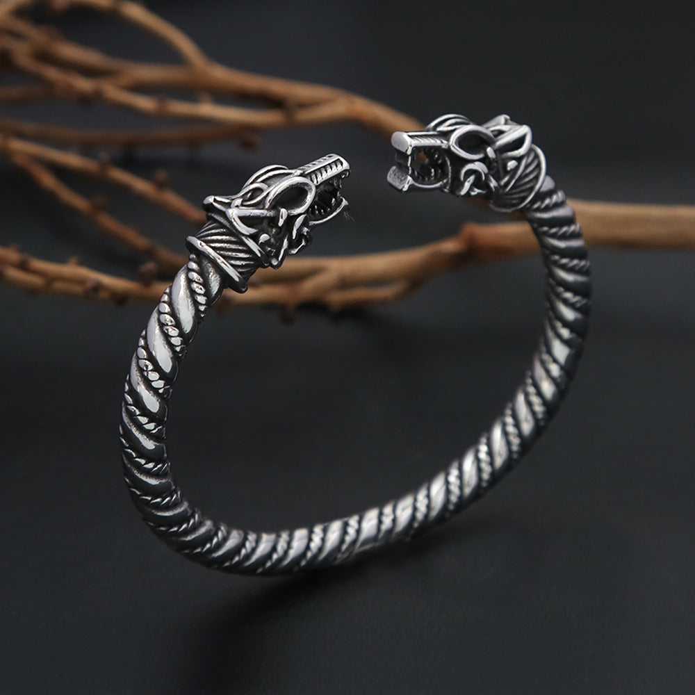 Viking Retro Double Dragon Head Open C Bracelet for Men, European Vintage Bold Personality Stainless Steel Cuff Bangle