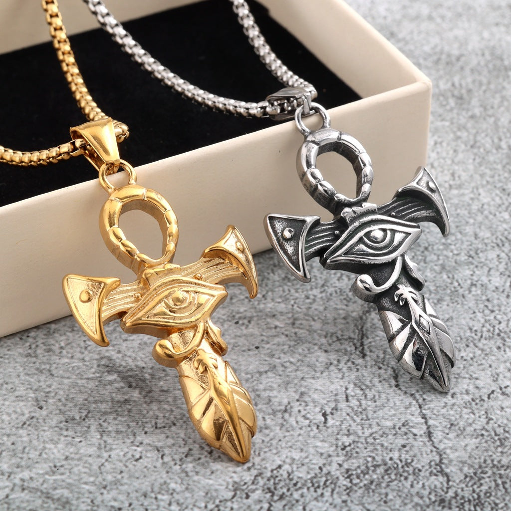 Vintage Stainless Steel Ancient Egyptian Ankh Cross Pendant Necklace for Men