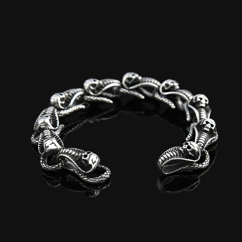 Fashion Skull Snake Stainless Steel Men Bracelet, Personality Serpent Wrist Cuff Bangle for Men