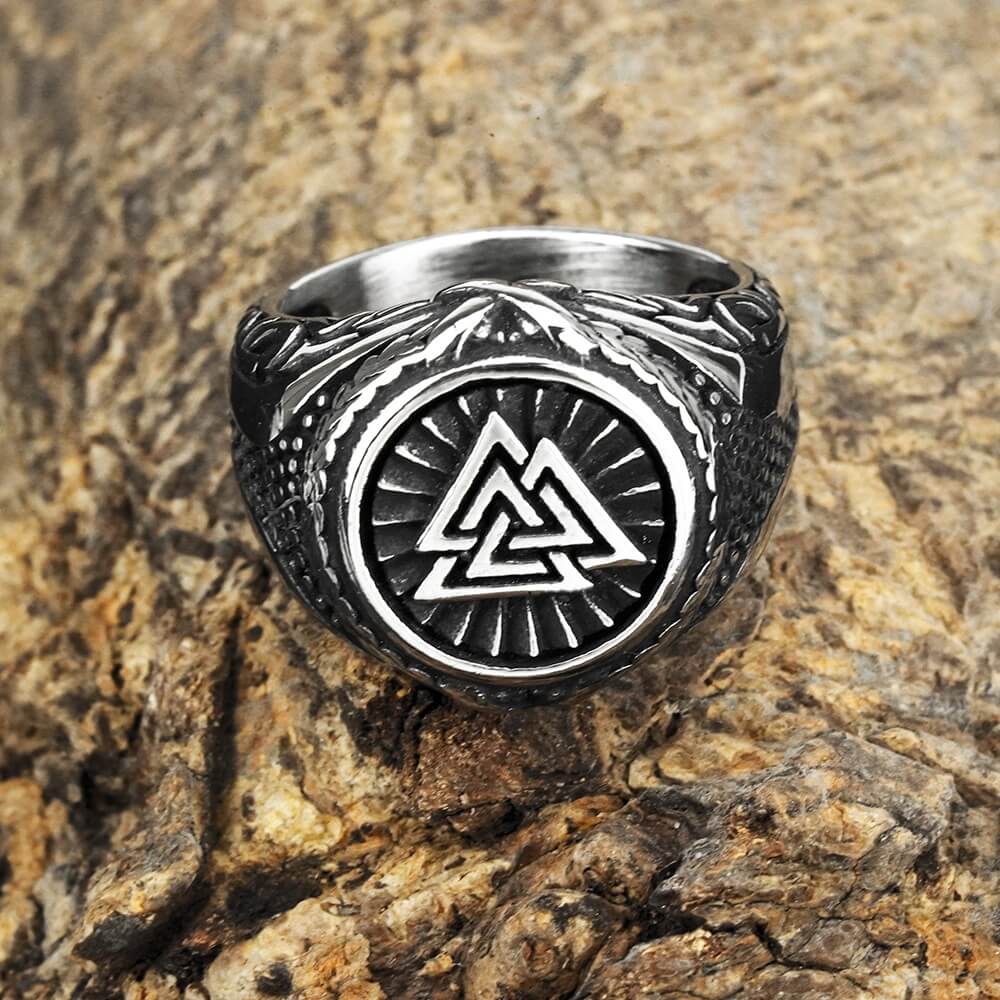 Vintage Solid Stainless Steel Norse Valknut Round Wide Signet Ring for Men