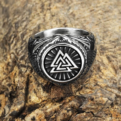 Vintage Solid Stainless Steel Norse Valknut Round Wide Signet Ring for Men