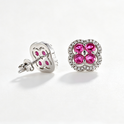 Women's Clover Halo Stud Earrings, Round Fuchsia Sapphire, S925 with White Gold Plating
