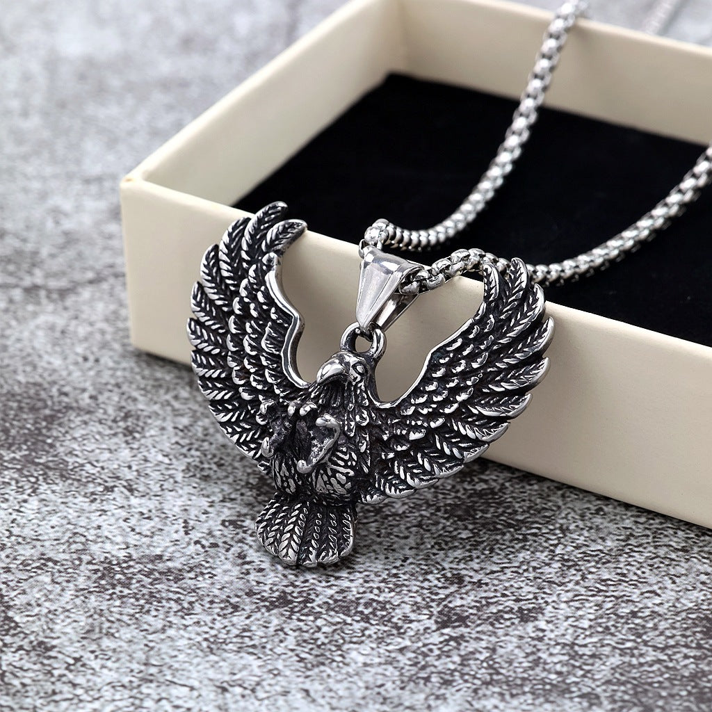 Men's Steel Spread Wings Eagle Pendant Necklace