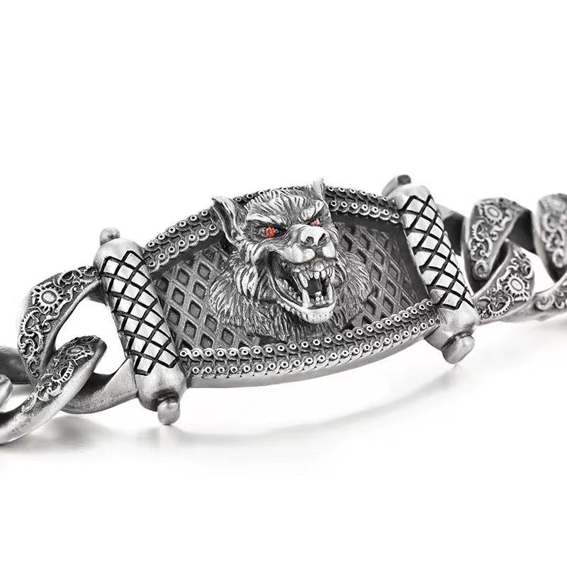 Men's Wolf Head Carved Curb Bracelet