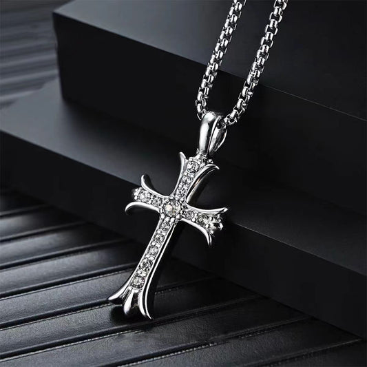 Men's Steel Vintage Zircon Cross Pendant Necklace Hip Hop Jewelry
