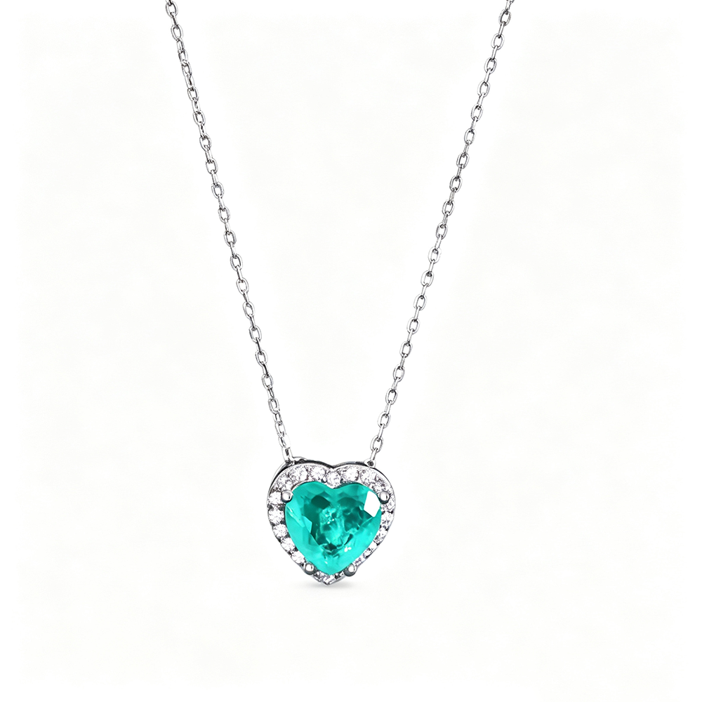 Women's Heart Pendant Necklace, Paraiba Color Green Sapphire Inlay, S925 with White Gold Plating