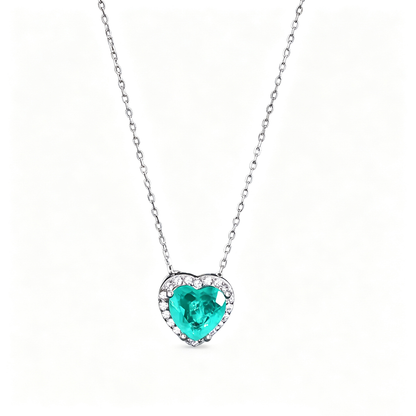 Women's Heart Pendant Necklace, Paraiba Color Green Sapphire Inlay, S925 with White Gold Plating