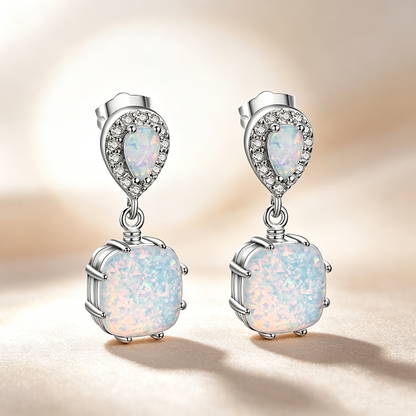 Women's White Gold Plated Teardrop Crystal Halo White Opal Square Dangle Earrings