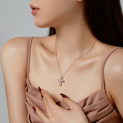 Women's Cross Pendant Necklace, Spliced Pentagon Clear Zirconia, S925 with White Gold Plating