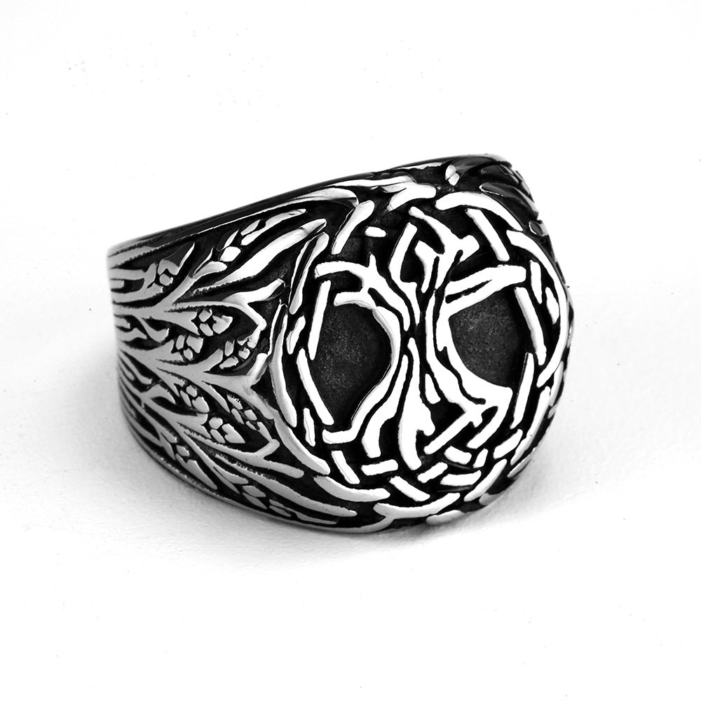 Vintage Solid Stainless Steel Norse Yggdrasil Tree of Life Wide Signet Ring Band for Men