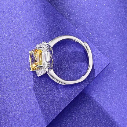 Women's White Gold Rectangle Yellow Gem Adjustable Halo Ring