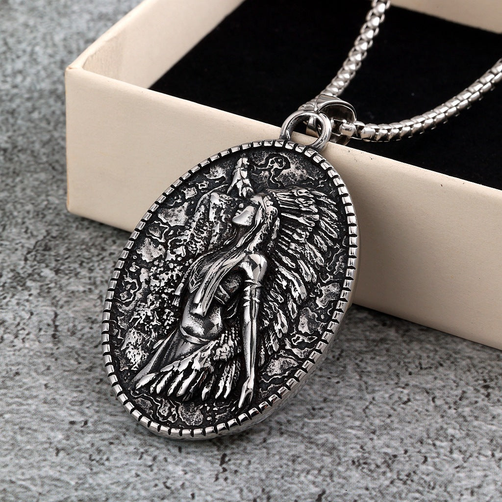 Vintage Stainless Steel Double Sided Native American Pendant Necklace for Men