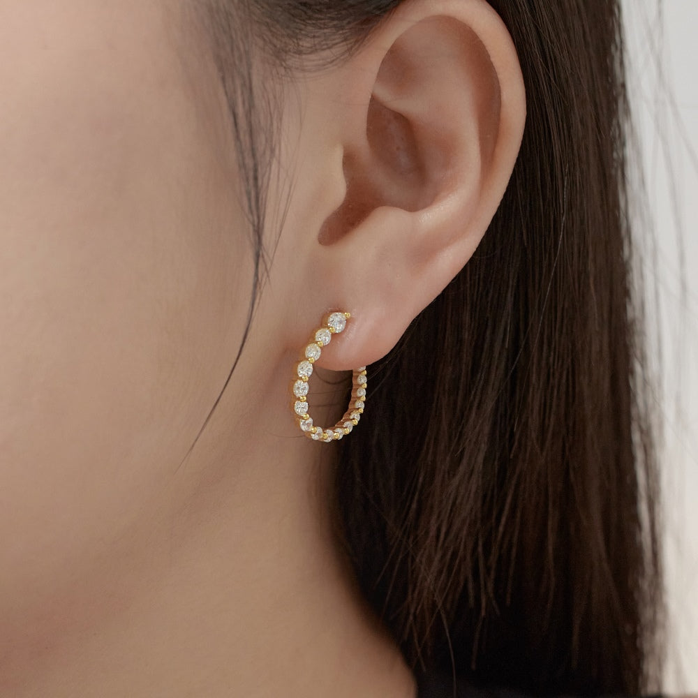 Women's U‑Shape Hoop Earrings, Paved Arranged Round Zirconia, S925 with 18K Gold Plating