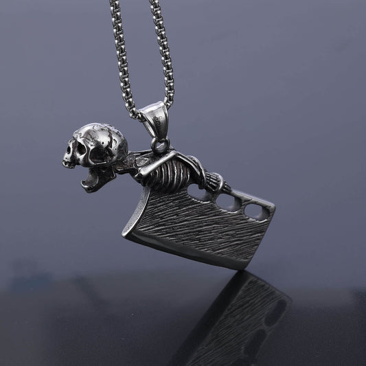 Mens Steel Skeleton Cleaver Pendant Necklace