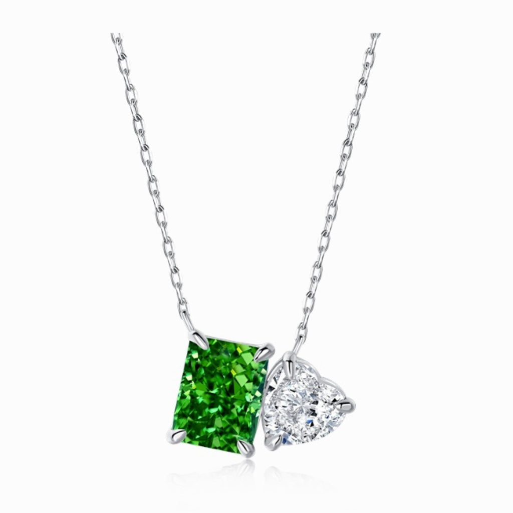 S925 Necklace, Dual Main Stones, Heart & Green Rectangular Stone, Mixed Color Exquisite Versatile Jewelry