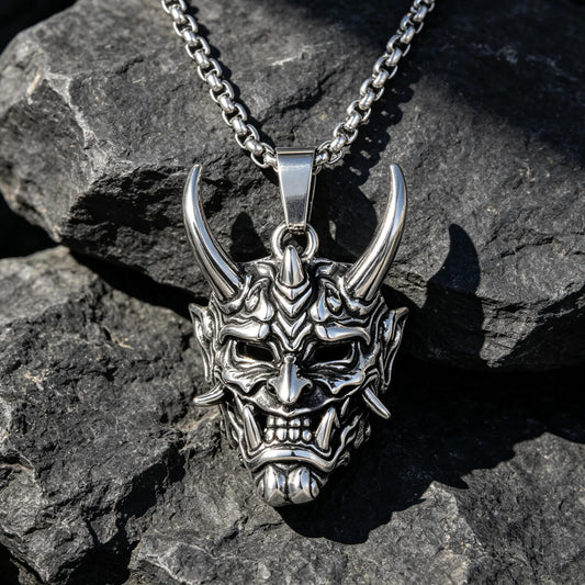 Men's Red Face Hannya Mask Skull Ghost Head Pendant Necklace