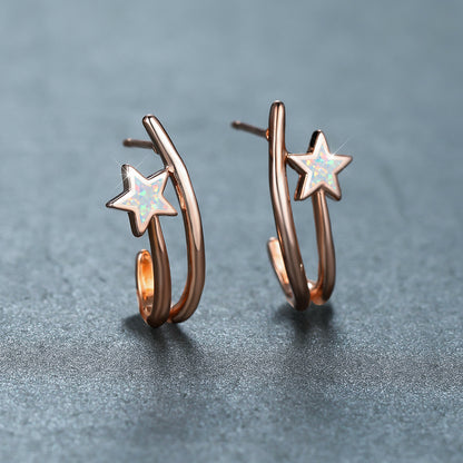 Women's Double‑Hoop C‑Shape Star Opal Hoop Earrings, with White Gold Plating / Rose Gold Plating