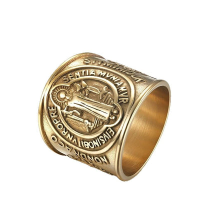 Vintage Stainless Steel Wide Band St. Benedict Exorcism Cross Ring for Men