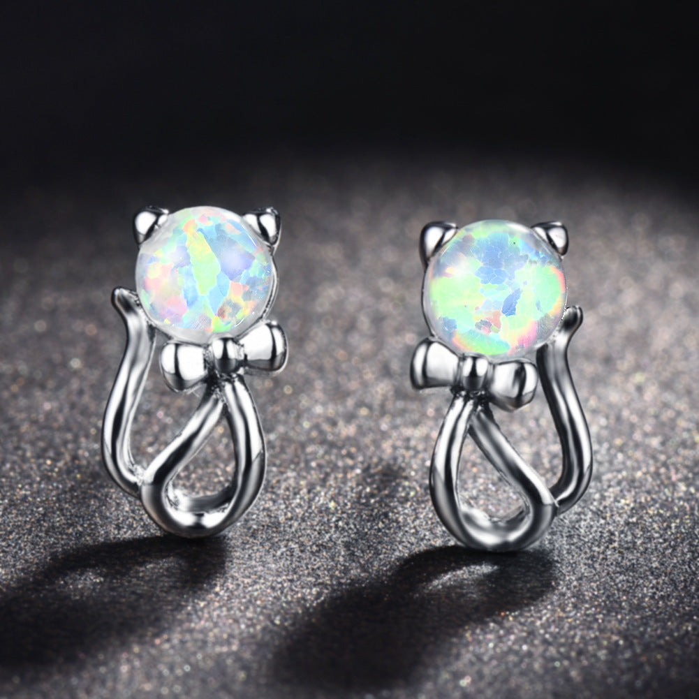 Women's Cat‑Bow‑Knot Shape Stud Earrings, Blue Opal / White Opal