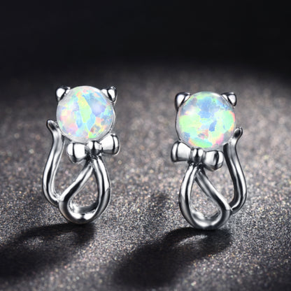 Women's Cat‑Bow‑Knot Shape Stud Earrings, Blue Opal / White Opal