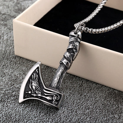 Men's Steel Viking Wolf Axe Pendant Necklace