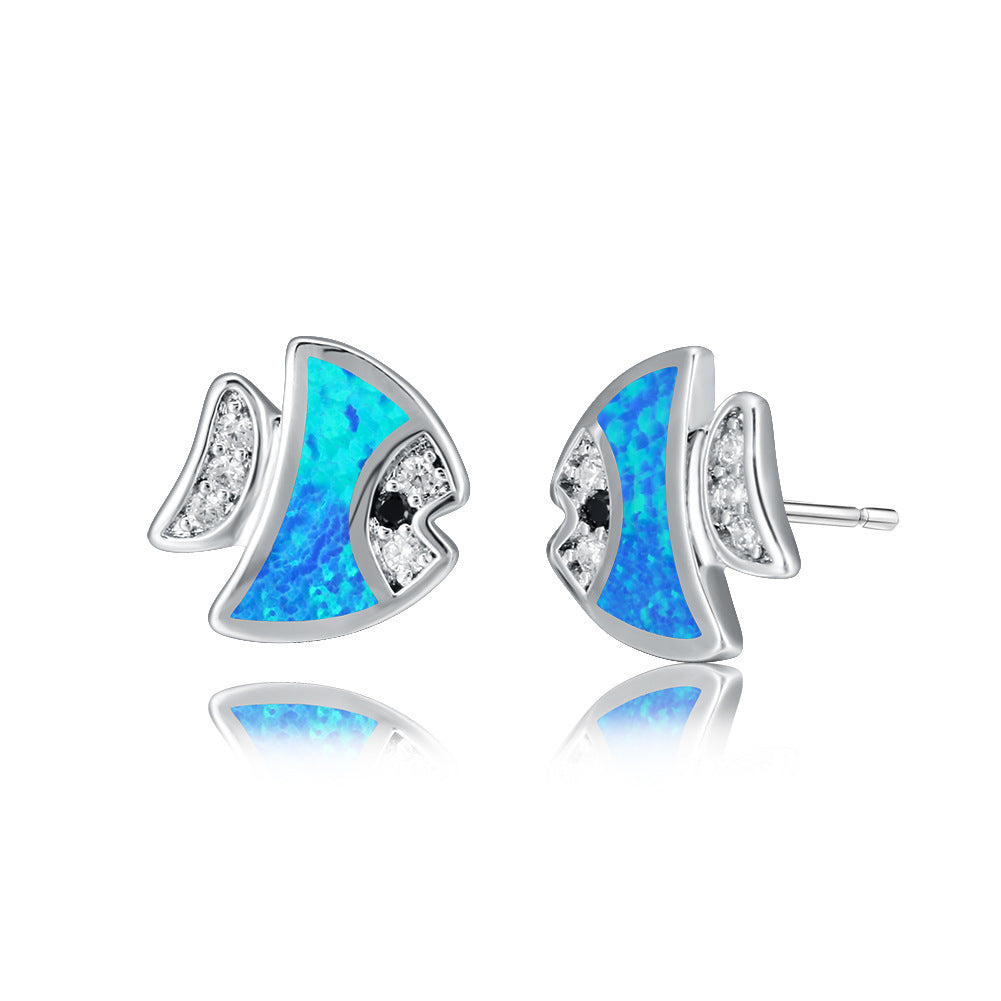 Women's Tropical‑Fish Shape Stud Earrings, Inlaid Zirconia, Blue Opal / White Opal