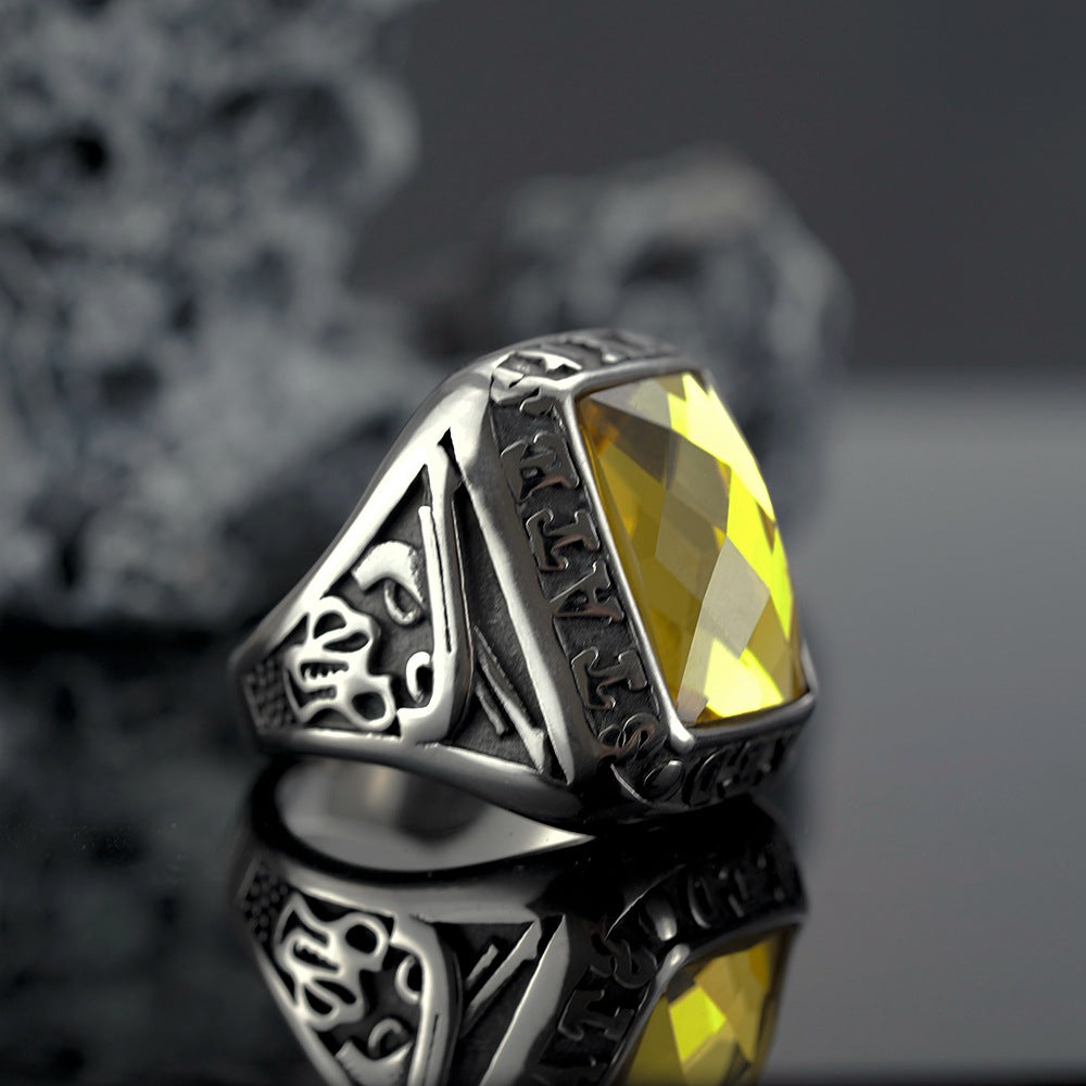 Vintage Solid Stainless Steel Inlaid Yellow Cubic Zirconia Engraved Symbol Wide Signet Ring for Men