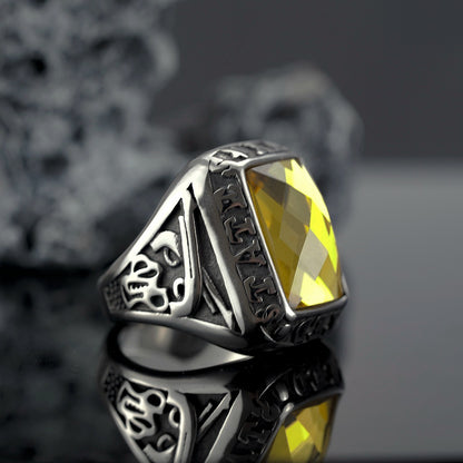 Vintage Solid Stainless Steel Inlaid Yellow Cubic Zirconia Engraved Symbol Wide Signet Ring for Men