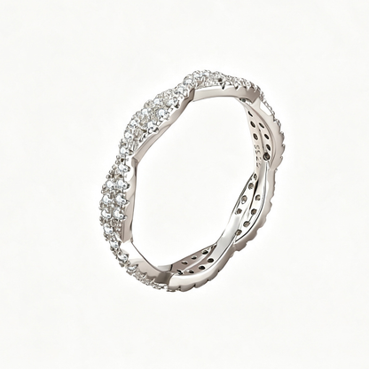 Women's S925 Silver White Gold Tone Pave Zircon Wave Ring, Luxury Stackable Ladies Fashion Ring