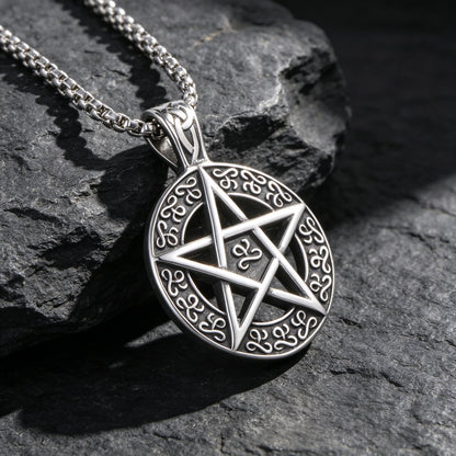 Men's Steel Pentagram Round Pendant Necklace
